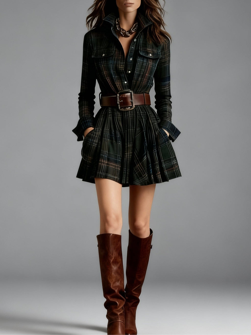 Women's Plaid Mini Dress – Long Sleeve Dress