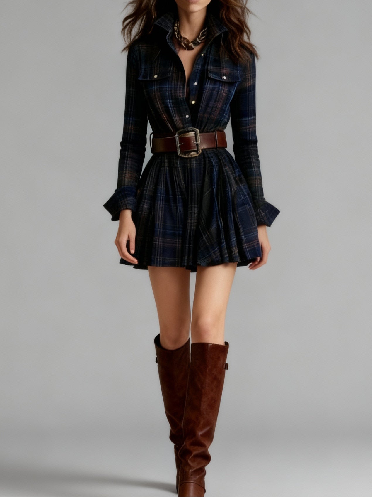 Women's Plaid Mini Dress – Long Sleeve Dress