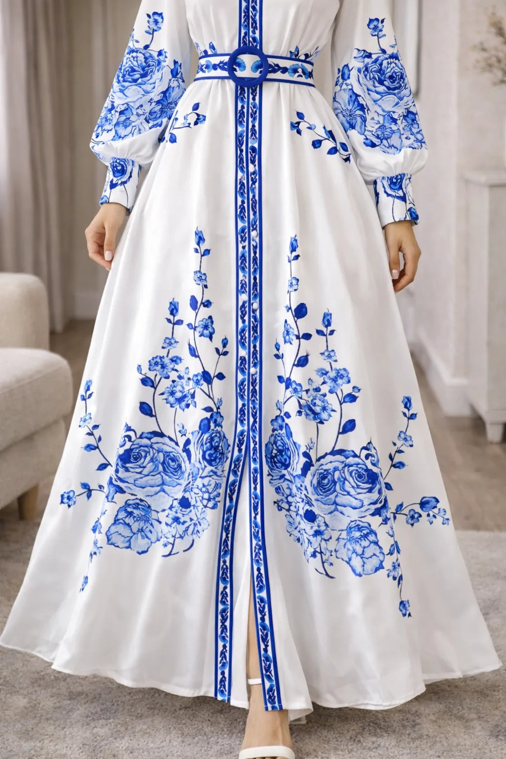 Women's Floral Print Maxi Dress – Bishop Sleeve Belted A-Line Dress
