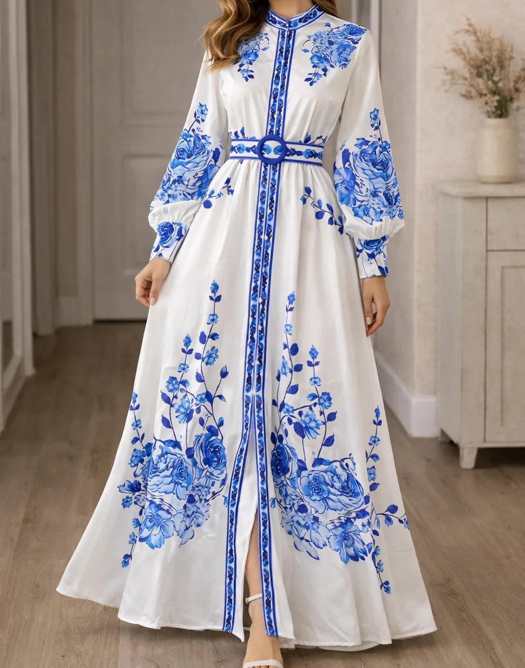 Women's Floral Print Maxi Dress – Bishop Sleeve Belted A-Line Dress