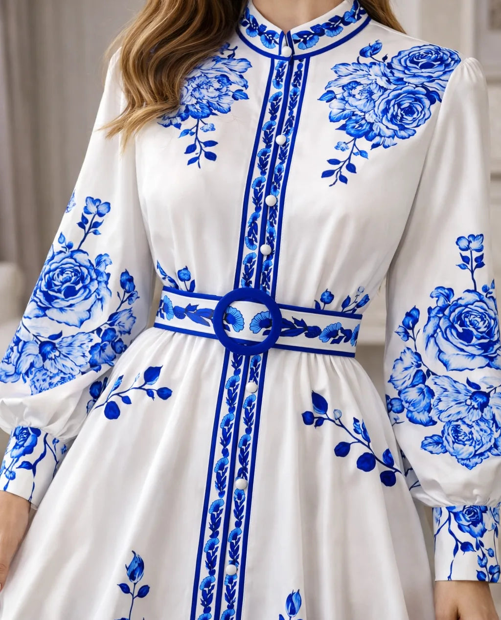 Women's Floral Print Maxi Dress – Bishop Sleeve Belted A-Line Dress