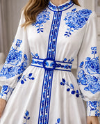 Women's Floral Print Maxi Dress – Bishop Sleeve Belted A-Line Dress