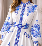 Women's Floral Print Maxi Dress – Bishop Sleeve Belted A-Line Dress
