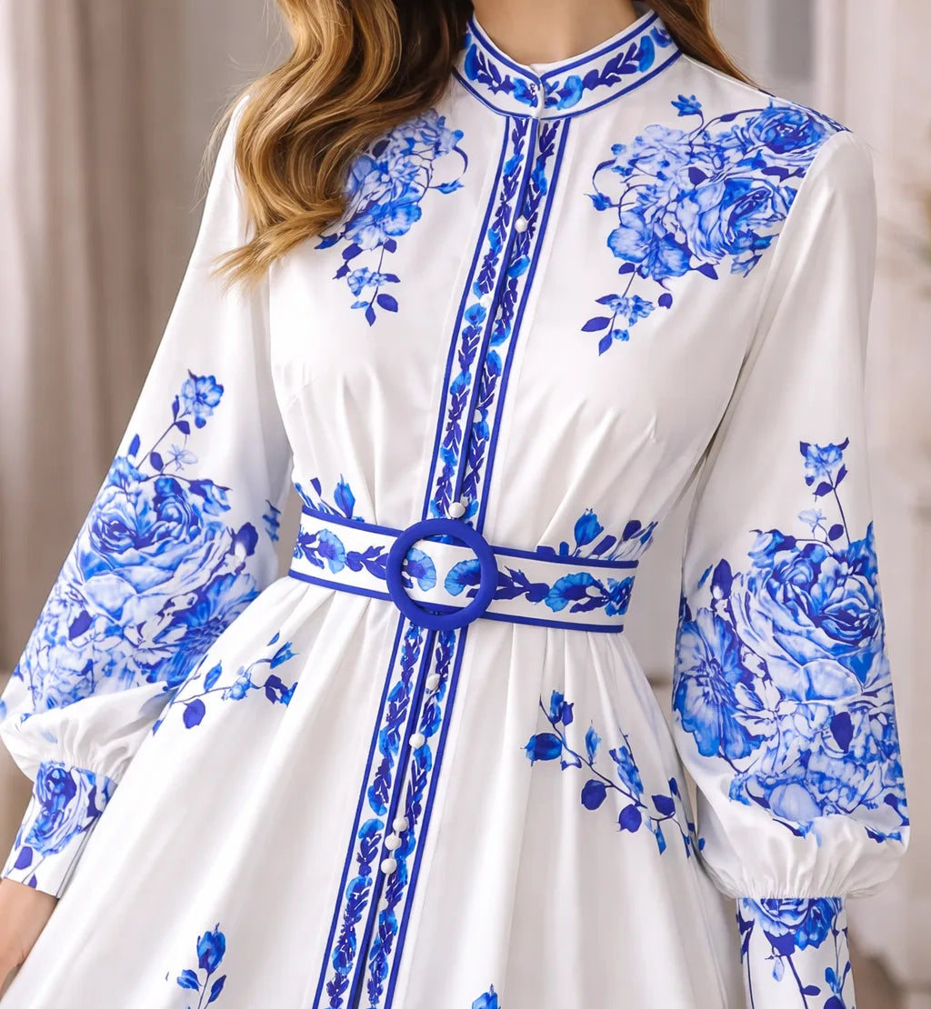 Women's Floral Print Maxi Dress – Bishop Sleeve Belted A-Line Dress