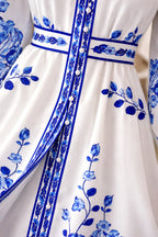 Women's Floral Print Maxi Dress – Bishop Sleeve Belted A-Line Dress