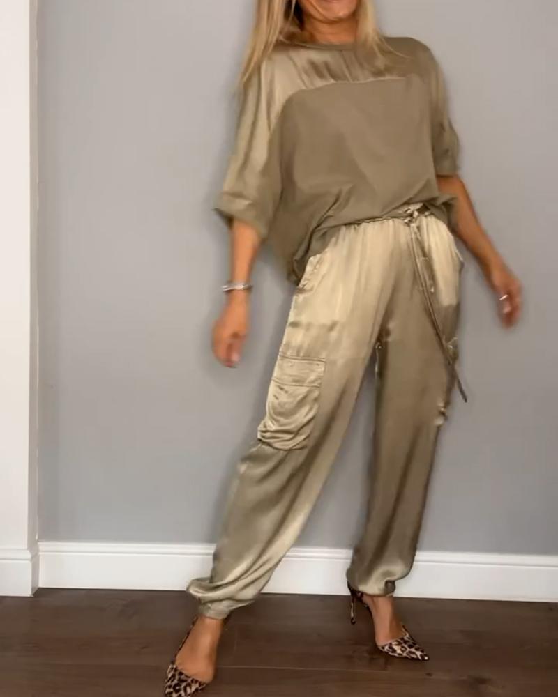 Women's Shiny Cargo Pants Set – Relaxed Top High Waist Pocket Pants Set