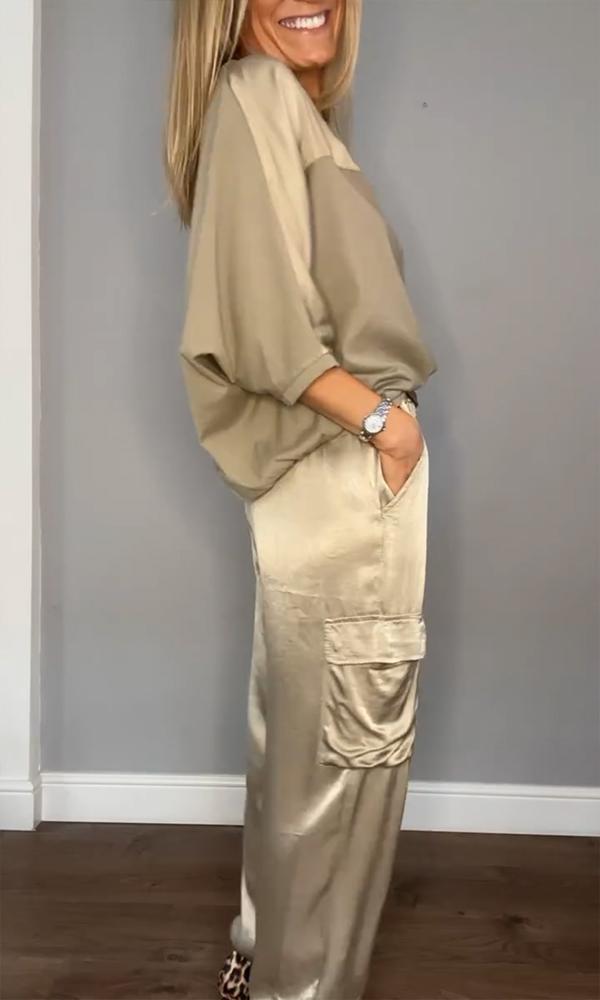 Women's Shiny Cargo Pants Set – Relaxed Top High Waist Pocket Pants Set