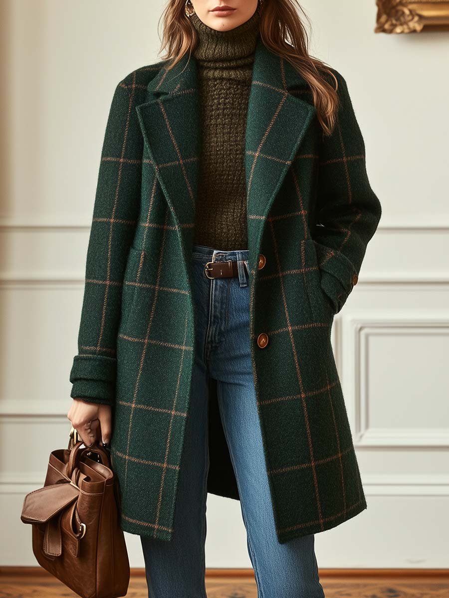 Women’s Plaid Coat – Classic Check Elegant Style - Sofia
