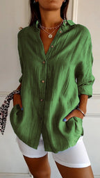 Women's Pleated Shirt Blouse – Button Front Relaxed Long Sleeve Blouse