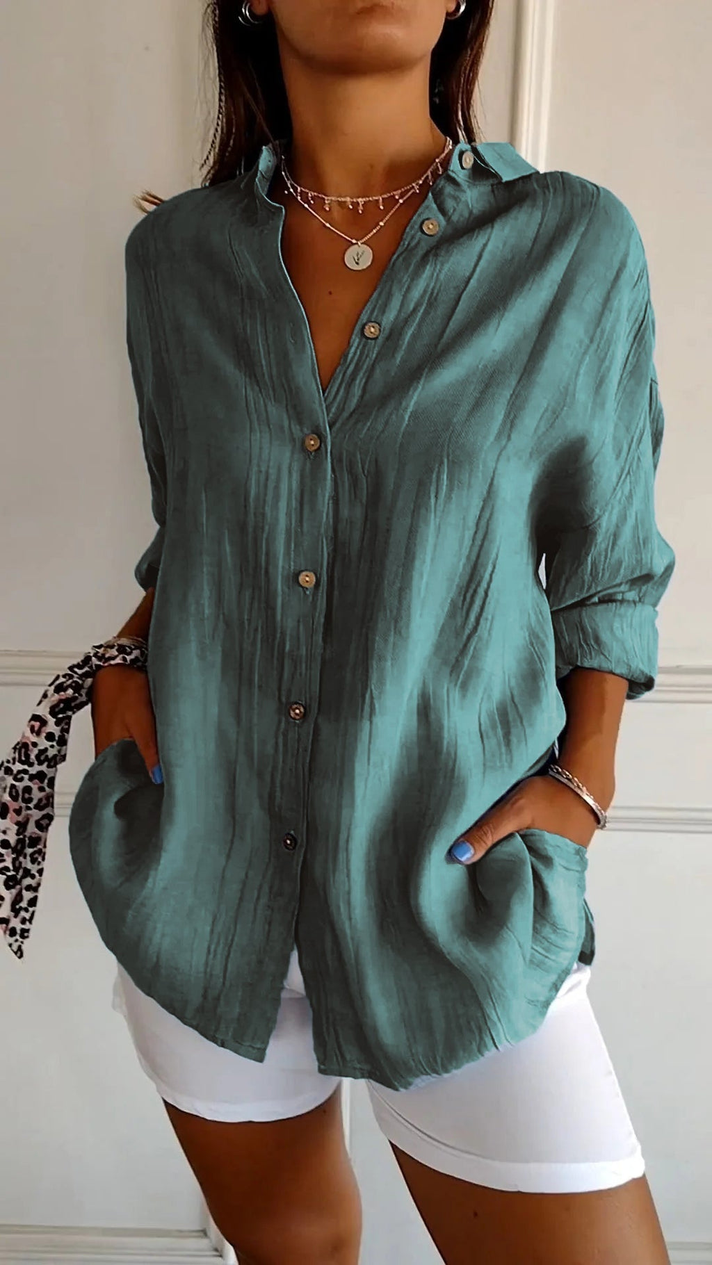 Women's Pleated Shirt Blouse – Button Front Relaxed Long Sleeve Blouse