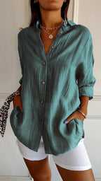 Women's Pleated Shirt Blouse – Button Front Relaxed Long Sleeve Blouse