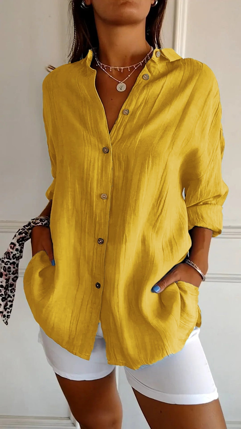 Women's Pleated Shirt Blouse – Button Front Relaxed Long Sleeve Blouse
