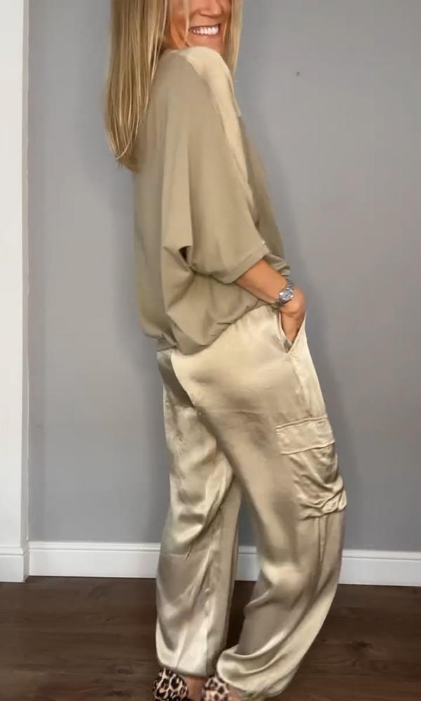 Women's Shiny Cargo Pants Set – Relaxed Top High Waist Pocket Pants Set