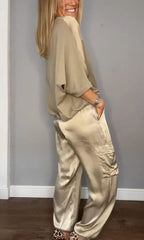 Women's Shiny Cargo Pants Set – Relaxed Top High Waist Pocket Pants Set