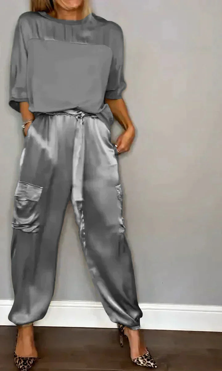 Women's Cold Shoulder Jumpsuit Set – Asymmetrical Top & Wide Leg Jumpsuit