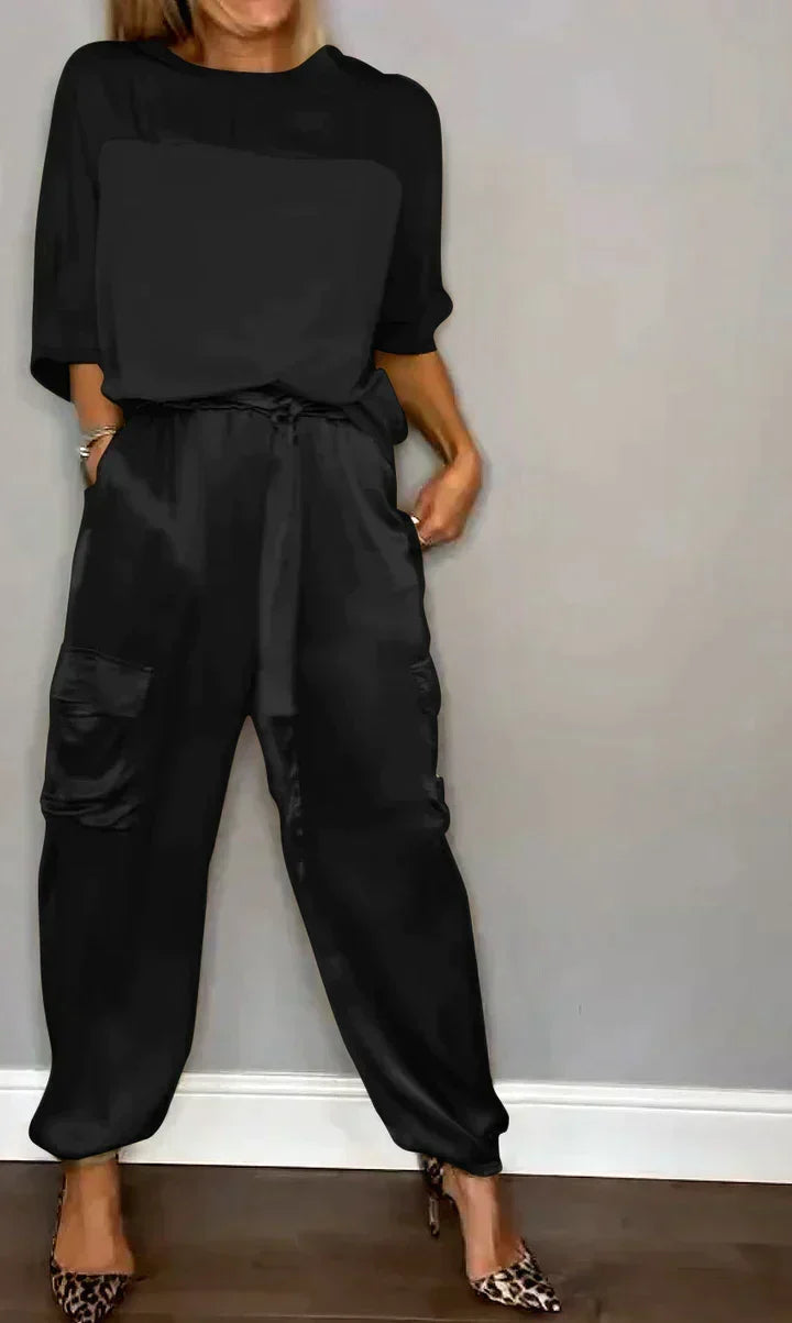 Women's Cold Shoulder Jumpsuit Set – Asymmetrical Top & Wide Leg Jumpsuit