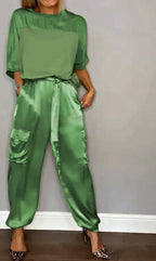 Women's Cold Shoulder Jumpsuit Set – Asymmetrical Top & Wide Leg Jumpsuit