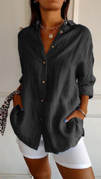 Women's Pleated Shirt Blouse – Button Front Relaxed Long Sleeve Blouse