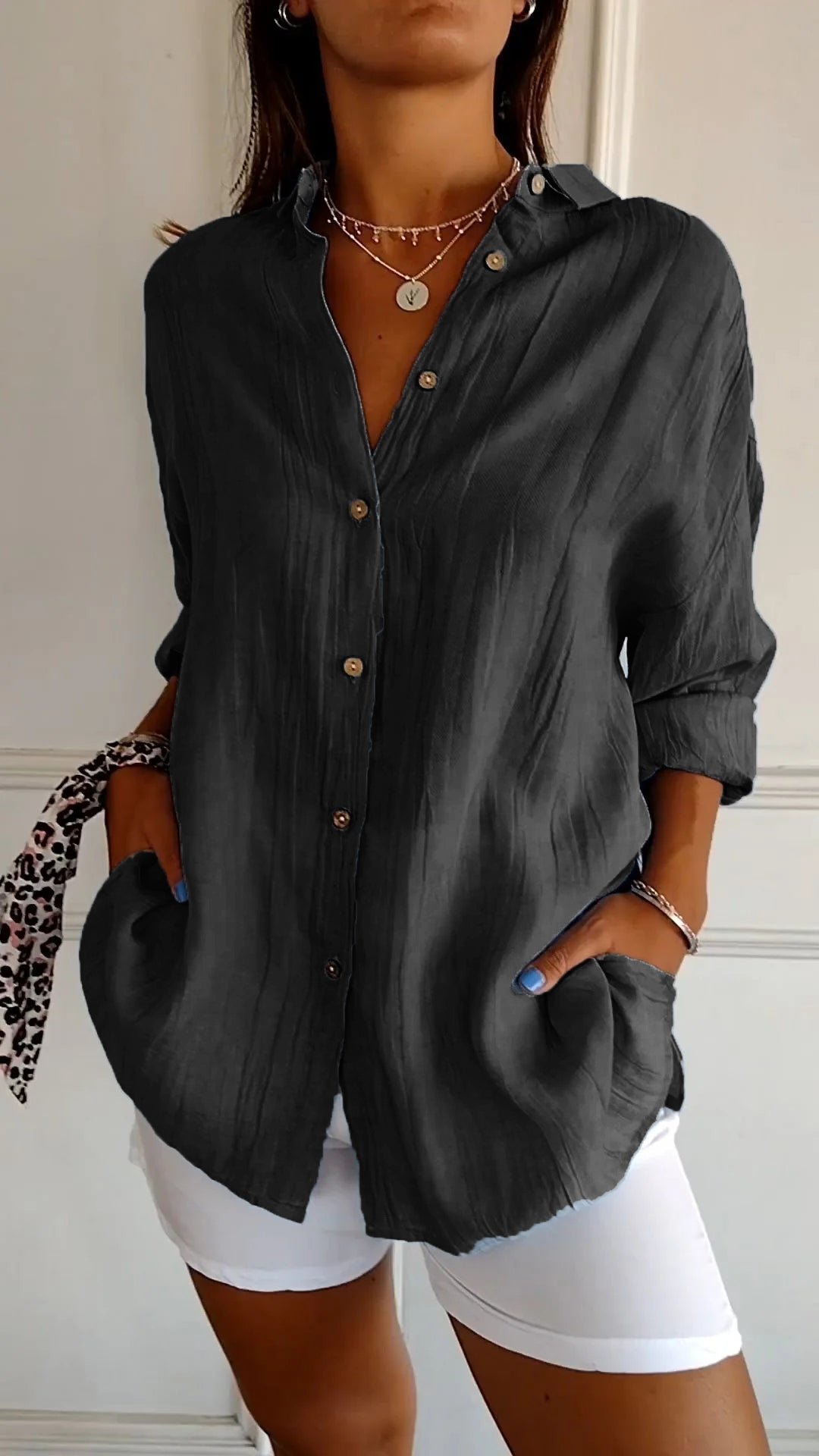 Women's Pleated Shirt Blouse – Button Front Relaxed Long Sleeve Blouse
