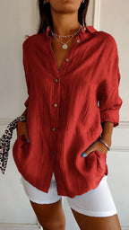 Women's Pleated Shirt Blouse – Button Front Relaxed Long Sleeve Blouse