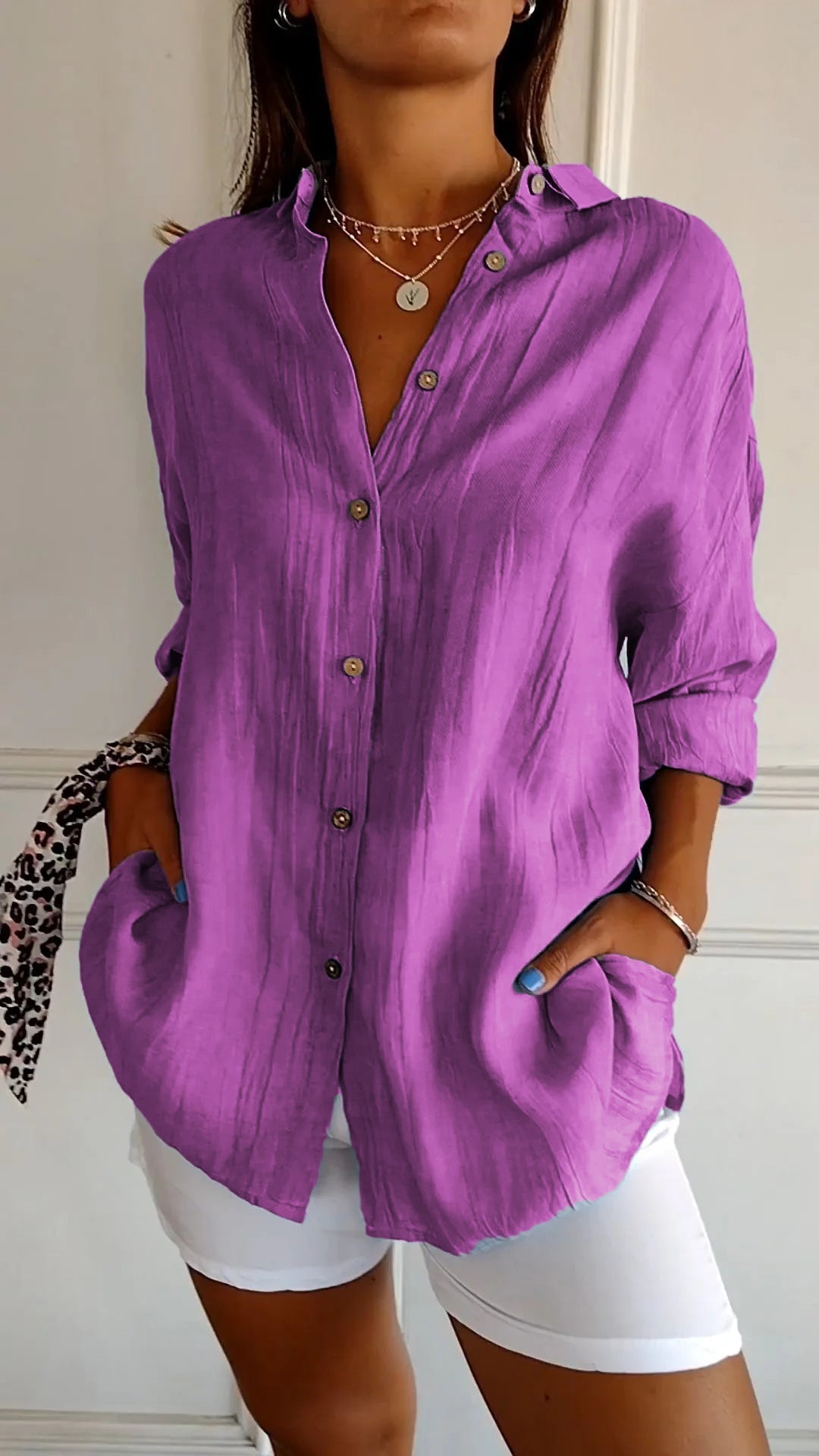 Women's Pleated Shirt Blouse – Button Front Relaxed Long Sleeve Blouse