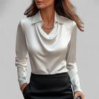 Women's Waterfall Neck Blouse with Draped Fit and Long Sleeves
