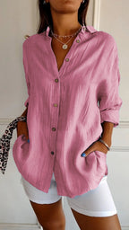 Women's Pleated Shirt Blouse – Button Front Relaxed Long Sleeve Blouse