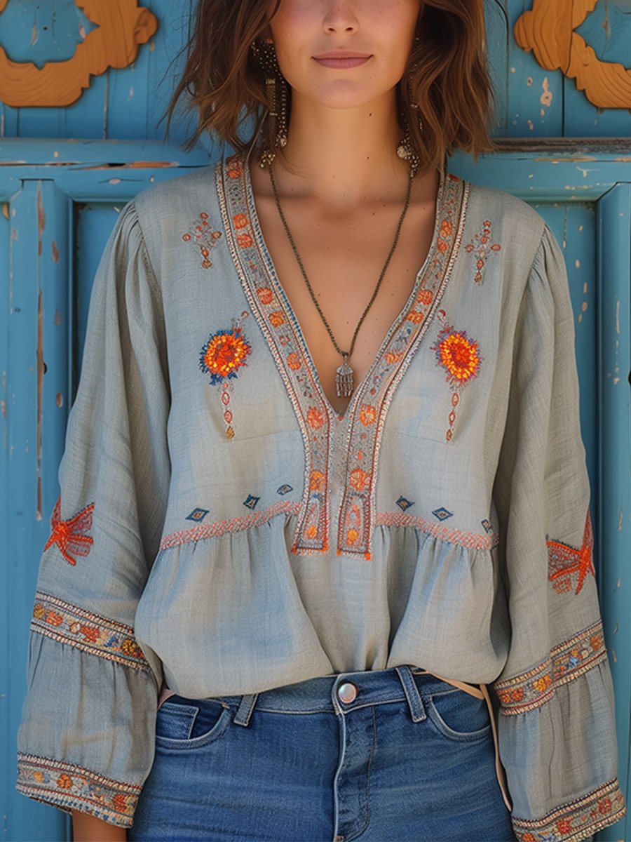 Women's Boho Blouse – Embroidered Casual Blouse – Barbara