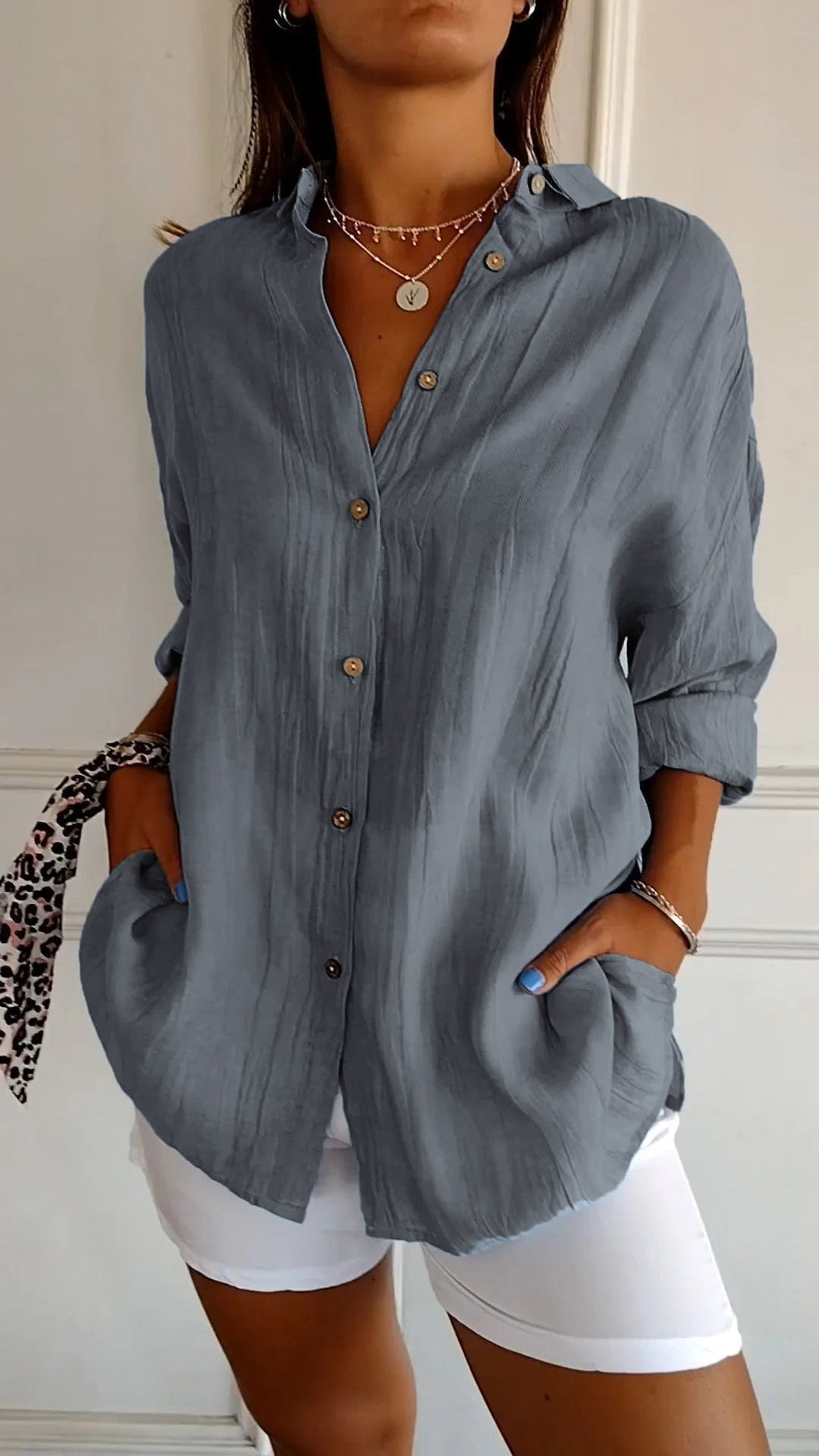 Women's Pleated Shirt Blouse – Button Front Relaxed Long Sleeve Blouse