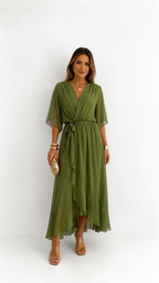 Women's V-Neck Wrap Dress – Tie Waist Flowy Occasion Dress