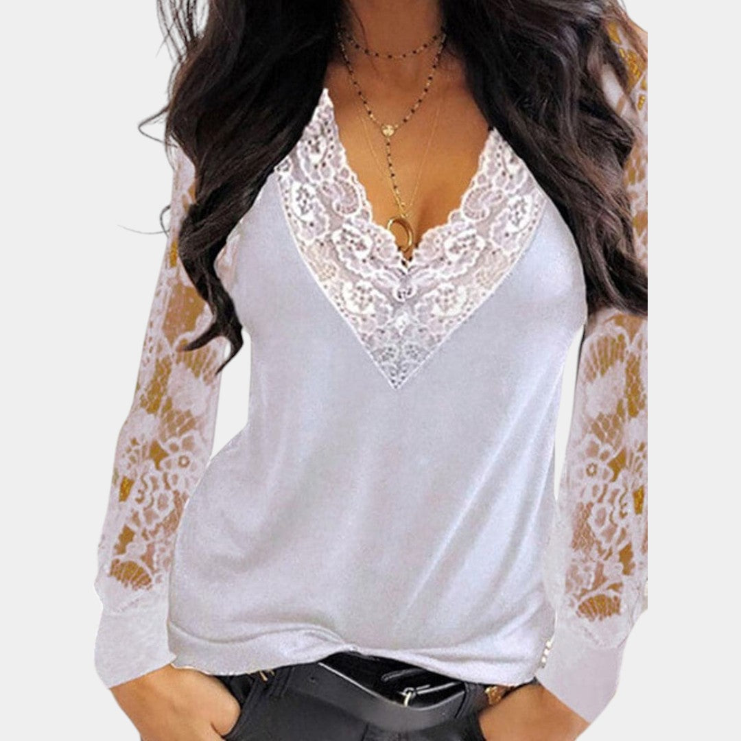 Women's V-Neck Lace Sleeve Blouse – Long Sleeve Romantic Detail Blouse