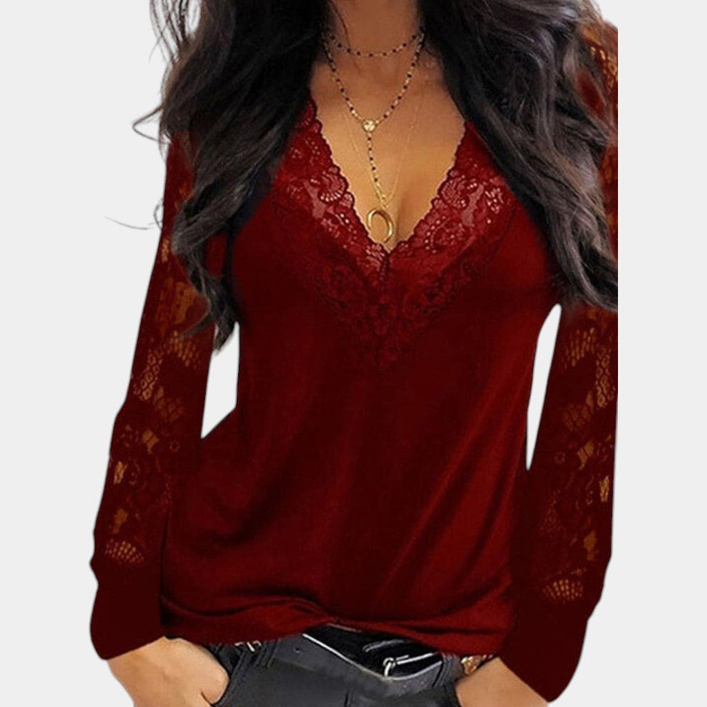 Women's V-Neck Lace Sleeve Blouse – Long Sleeve Romantic Detail Blouse