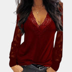 Women's V-Neck Lace Sleeve Blouse – Long Sleeve Romantic Detail Blouse