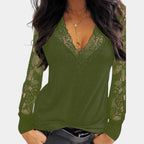 Women's V-Neck Lace Sleeve Blouse – Long Sleeve Romantic Detail Blouse