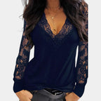 Women's V-Neck Lace Sleeve Blouse – Long Sleeve Romantic Detail Blouse