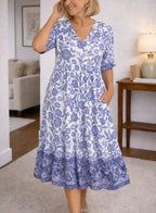 Women's Floral Print Midi Dress – V-Neck Short Sleeve Tiered Dress