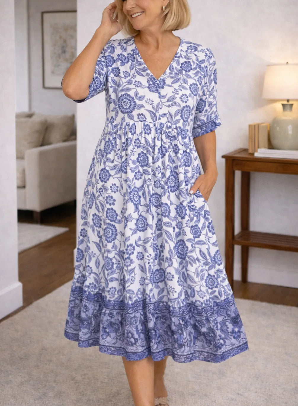 Women's Floral Print Midi Dress – V-Neck Short Sleeve Tiered Dress