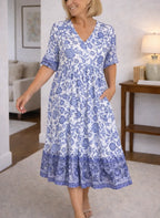 Women's Floral Print Midi Dress – V-Neck Short Sleeve Tiered Dress