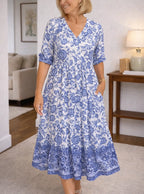 Women's Floral Print Midi Dress – V-Neck Short Sleeve Tiered Dress