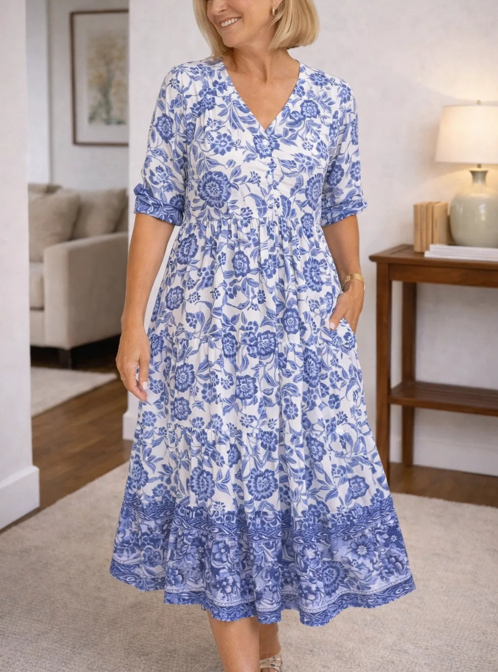 Women's Floral Print Midi Dress – V-Neck Short Sleeve Tiered Dress