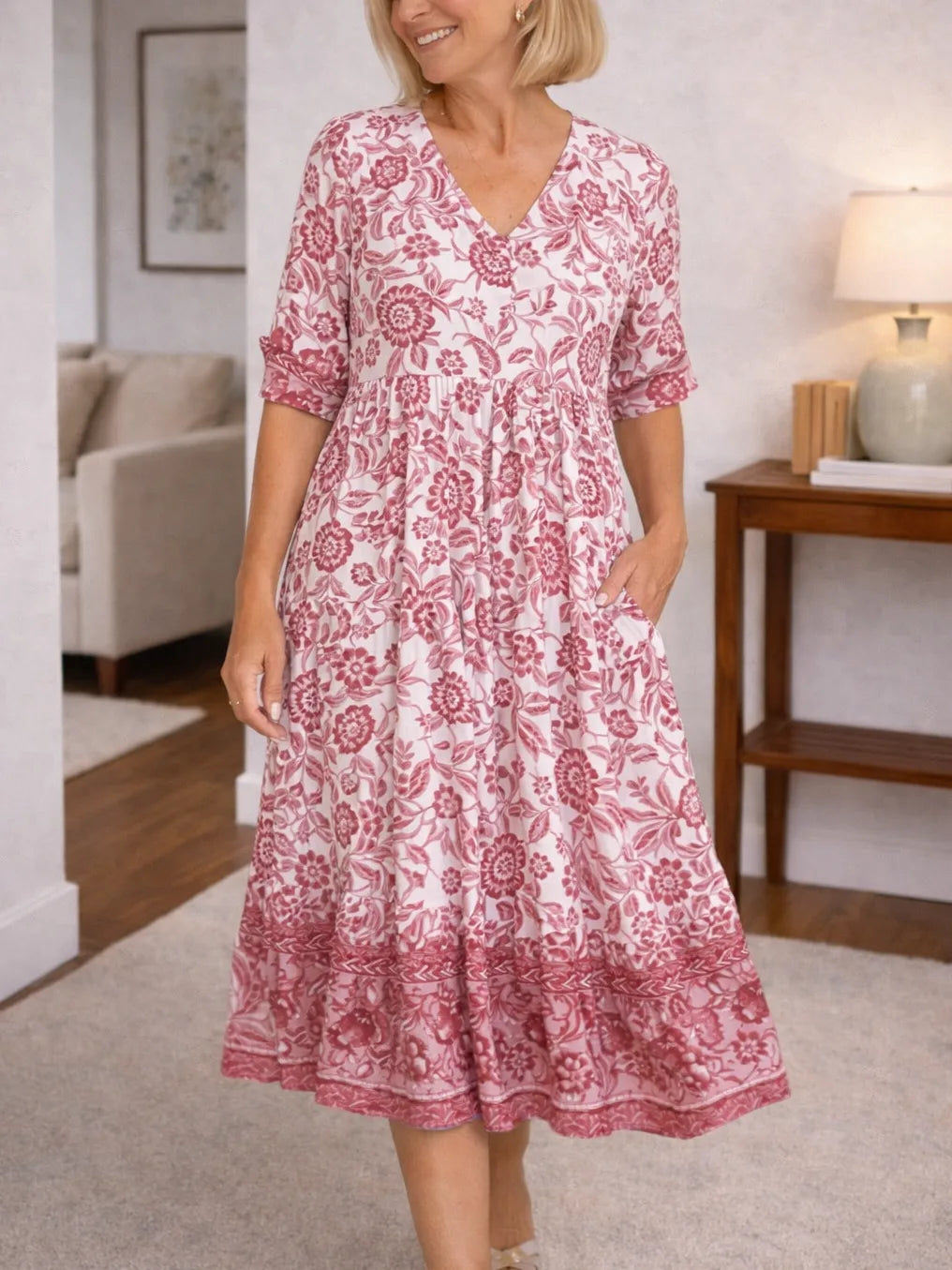 Women's Floral Print Midi Dress – V-Neck Short Sleeve Tiered Dress