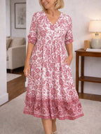 Women's Floral Print Midi Dress – V-Neck Short Sleeve Tiered Dress