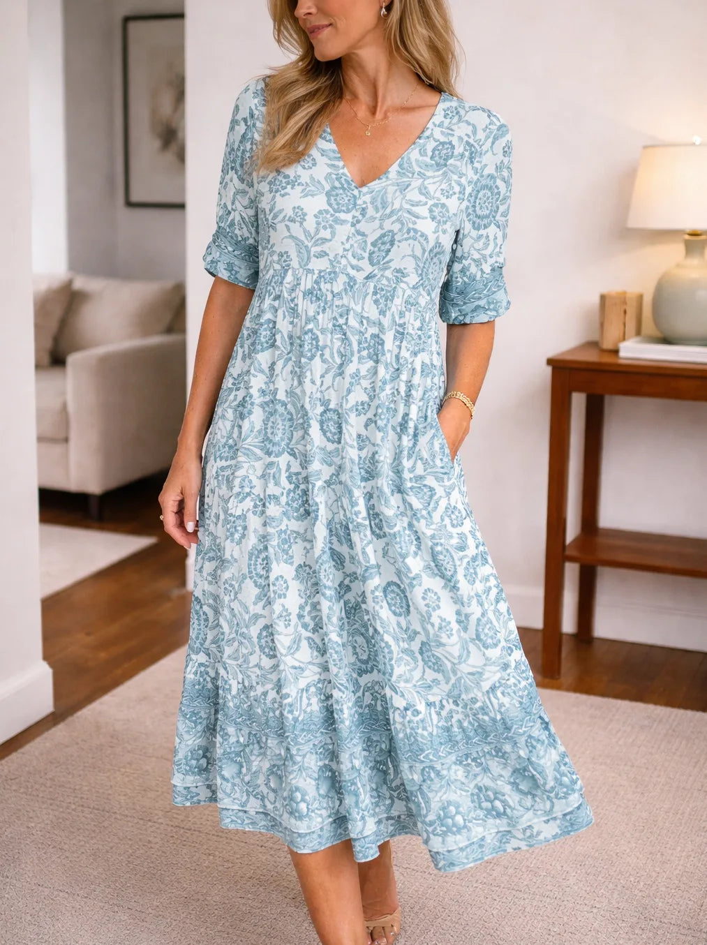 Women's Floral Print Midi Dress – V-Neck Short Sleeve Tiered Dress