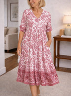 Women's Floral Print Midi Dress – V-Neck Short Sleeve Tiered Dress