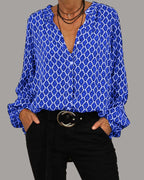 Women's Geometric Pattern Blouse – V-Neck Relaxed Long Sleeve Blouse