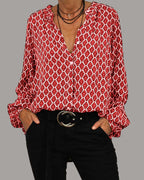 Women's Geometric Pattern Blouse – V-Neck Relaxed Long Sleeve Blouse