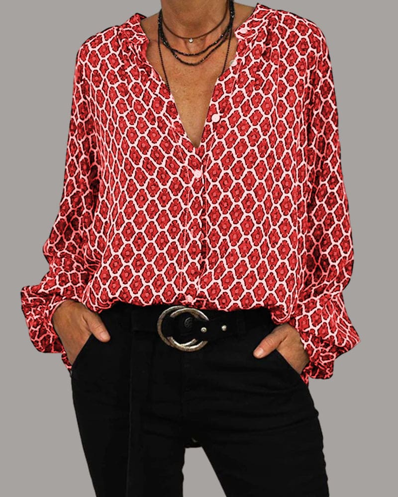 Women's Geometric Pattern Blouse – V-Neck Relaxed Long Sleeve Blouse