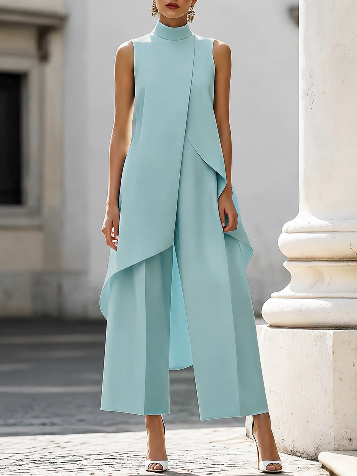 Women's Sleeveless Layered Jumpsuit – High Neck Asymmetrical Wide Leg Jumpsuit