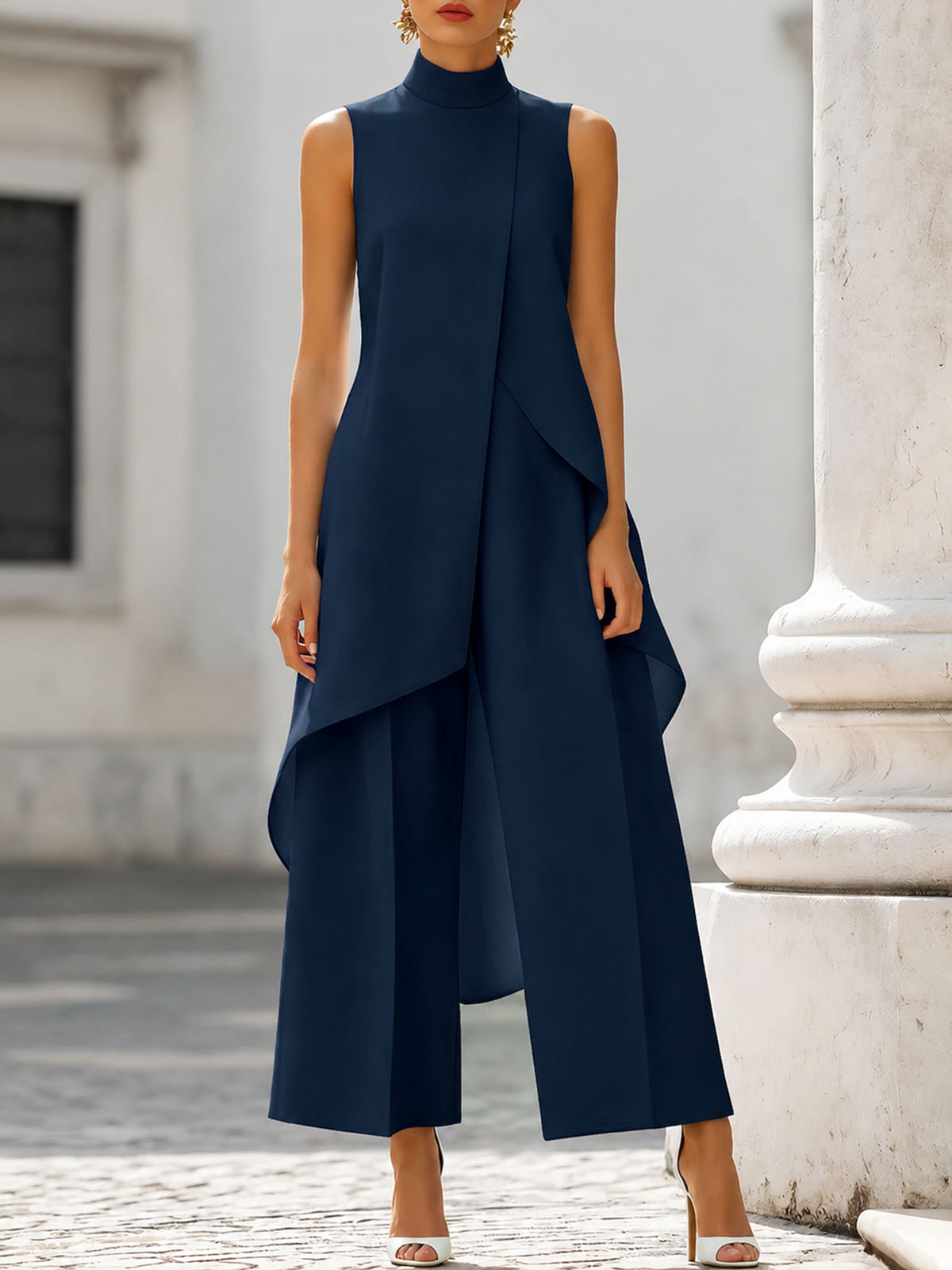 Women's Sleeveless Layered Jumpsuit – High Neck Asymmetrical Wide Leg Jumpsuit