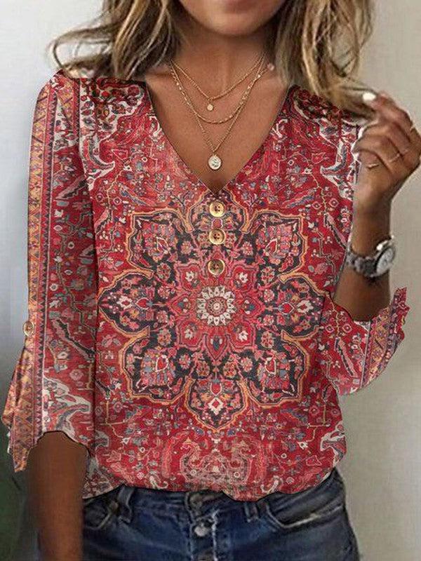 Women's Oriental Print Boho Blouse – Relaxed Patterned Blouse
